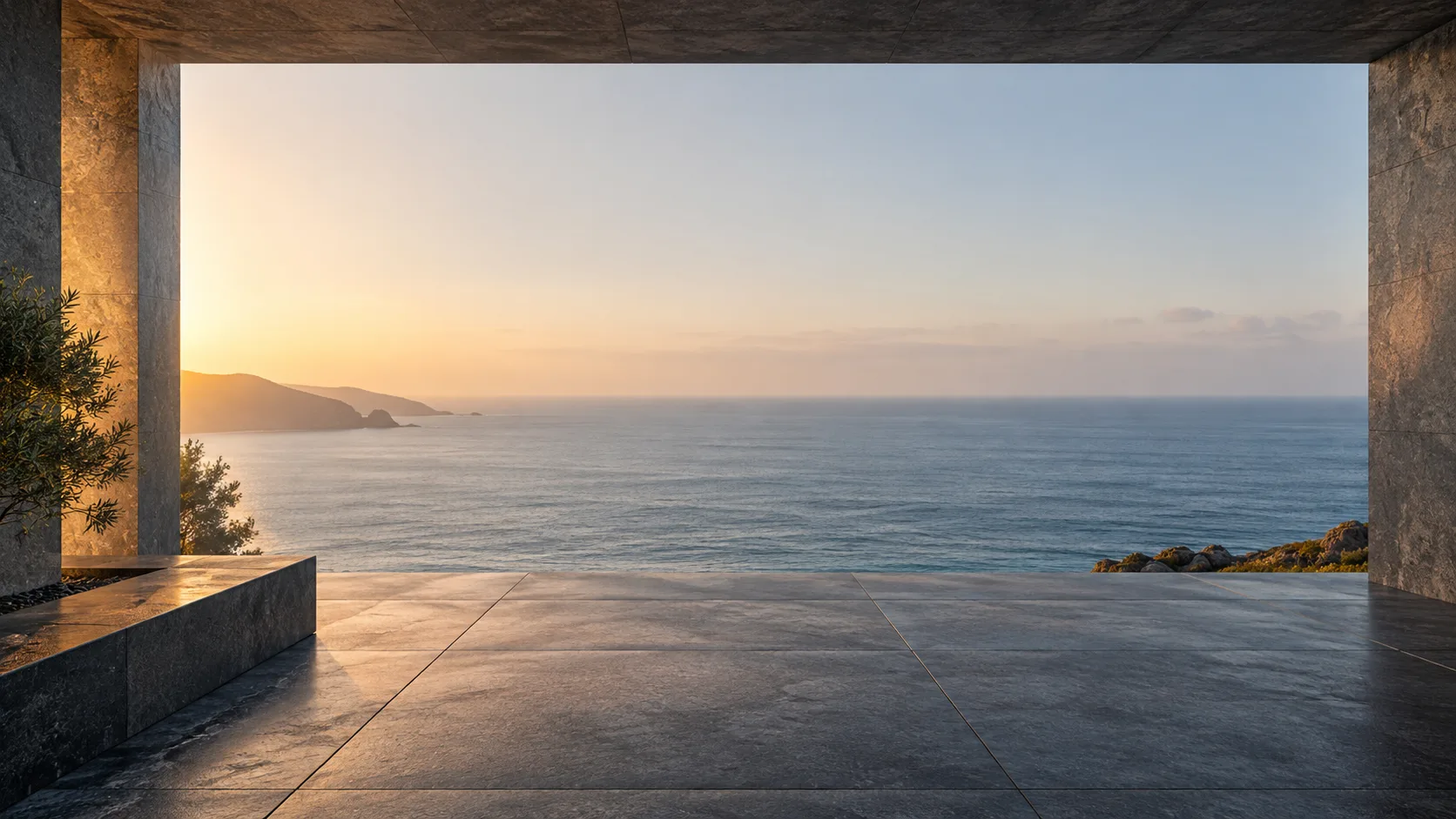 晨光映照海岸建筑开口与远方海面,概念形象图